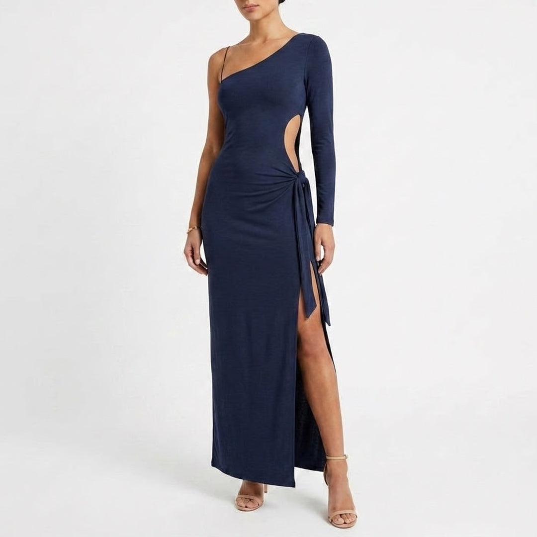 Naked Wardrobe Navy Blue One Shoulder Maxi Dress Side Slit S