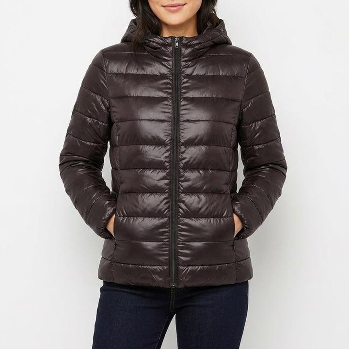 Forever 21 Womens Black Puffer Jacket Hooded Quilted Full Zip Size M