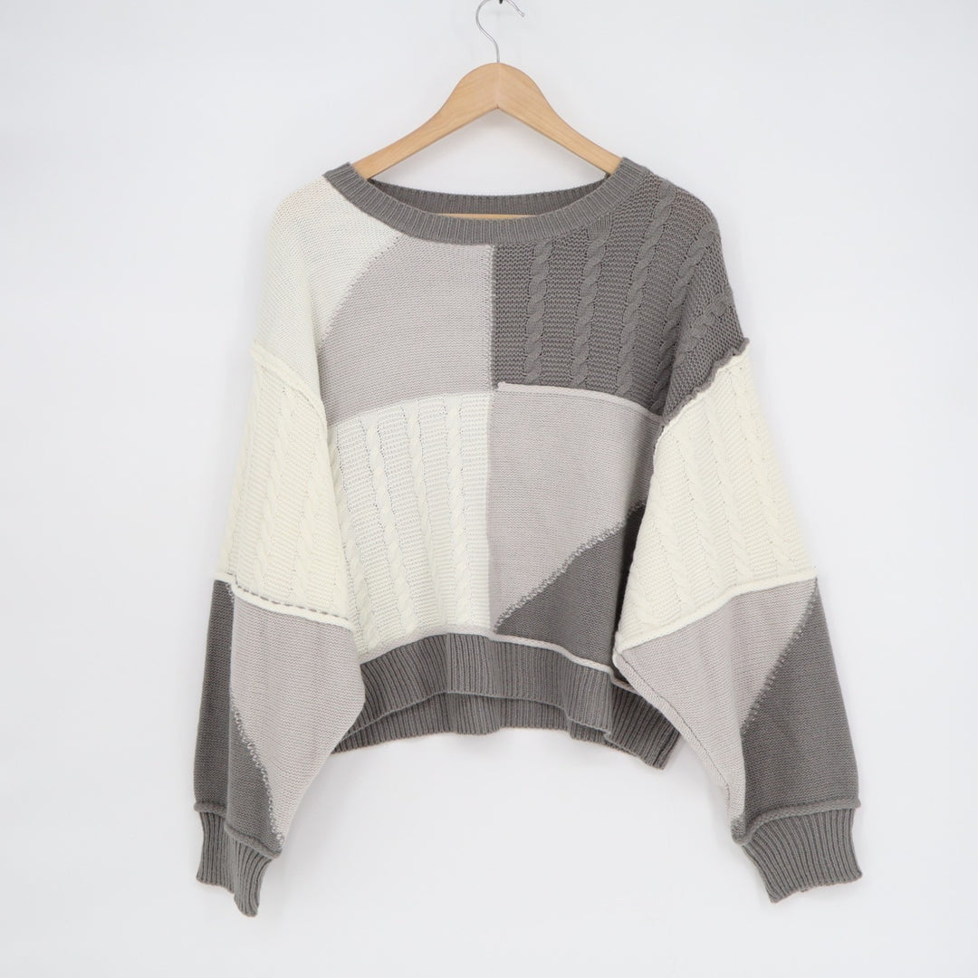 Shein Cropped Sweater Womens L Gray White Colorblock Knit Long Sleeve Pullover
