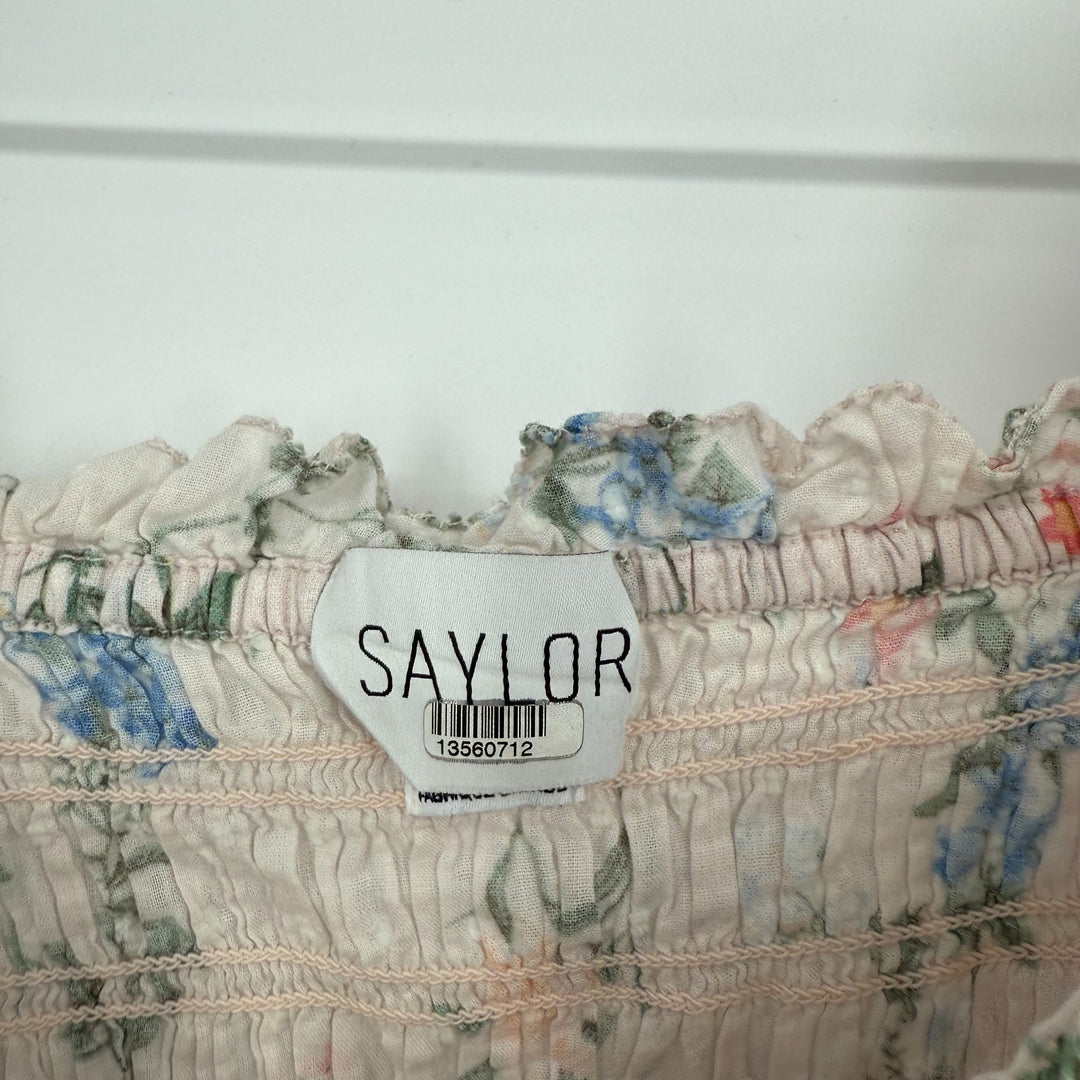 Saylor Cropped Top Womens XS Multicolor Floral Smocked Puff Sleeve Square Neck