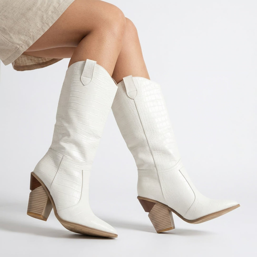 White Croc Embossed Pointed Toe Architectural Block Heel Tall Boots Size 10 41