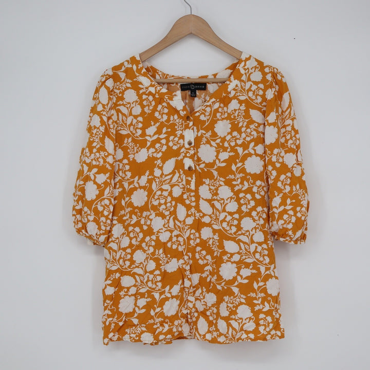 Fred David Womens XL Mustard Yellow White Floral Button Split Neck Blouse