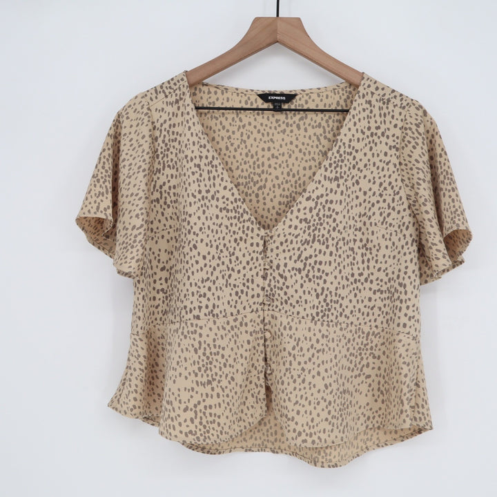 Express Womens Petite Small Tan Animal Print V-Neck Button Front Peplum Blouse