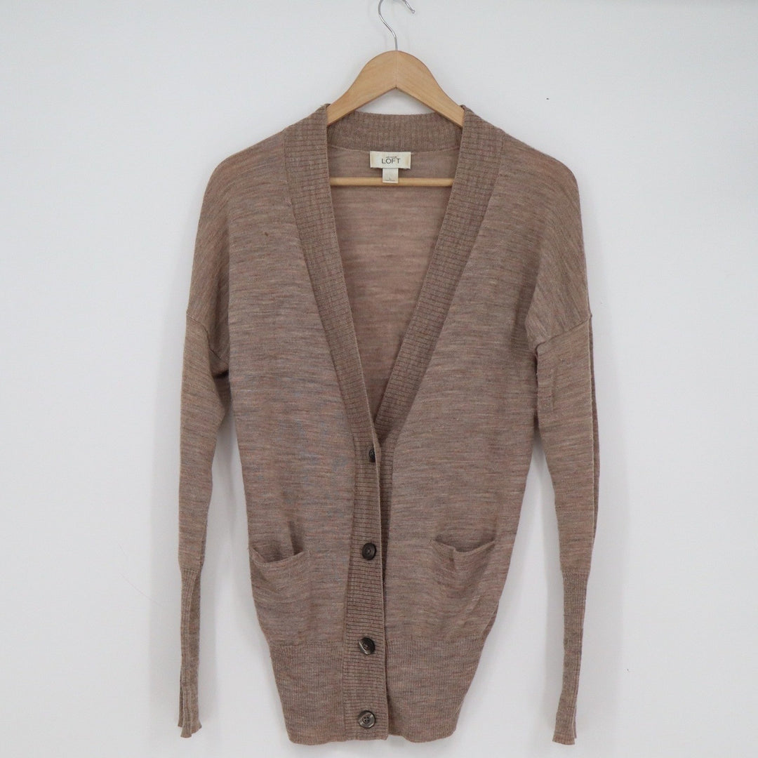 Ann Taylor Loft Womens Large Brown Wool Blend Longline V-Neck Cardigan Sweater