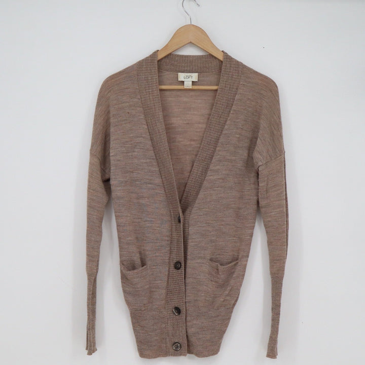 Ann Taylor Loft Womens Large Brown Wool Blend Longline V-Neck Cardigan Sweater