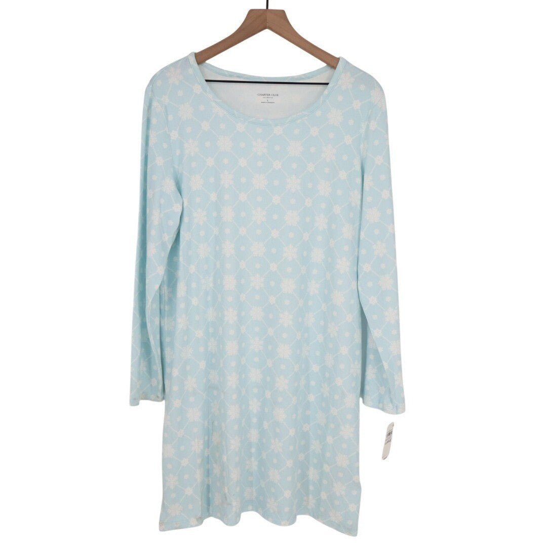 Charter Club Intimates Nightgown Womens L Blue Snowflake Round Neck Long Sleeve