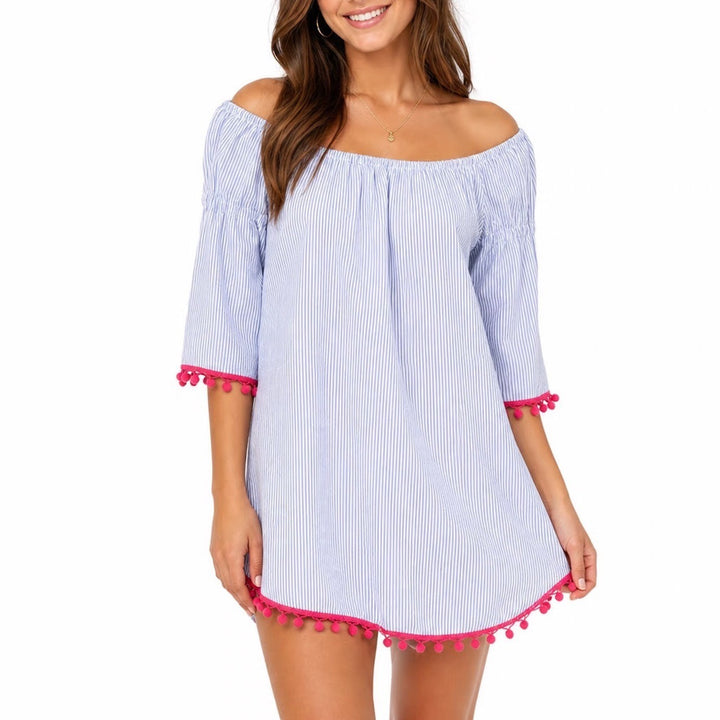 Rebellion Blue White Striped Off Shoulder Tunic Dress Pink Pom Pom Trim Medium