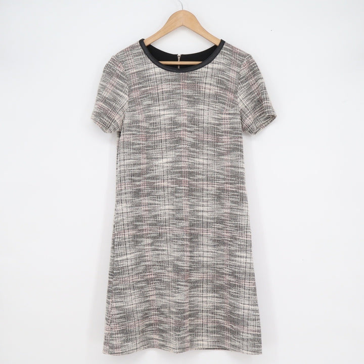 Tommy Hilfiger Grey Pink Tweed Shift Dress Faux Leather Trim Size 10