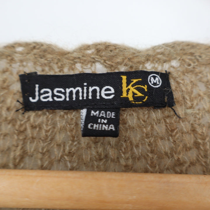 Jasmine KC Tan Mohair Wool Blend Open Knit Tie Front Tassel Tunic Sweater M