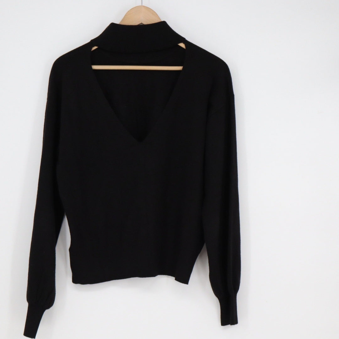 The Drop Womens Black Reversible Mock Neck V-Neck Wool Blend Sweater Large