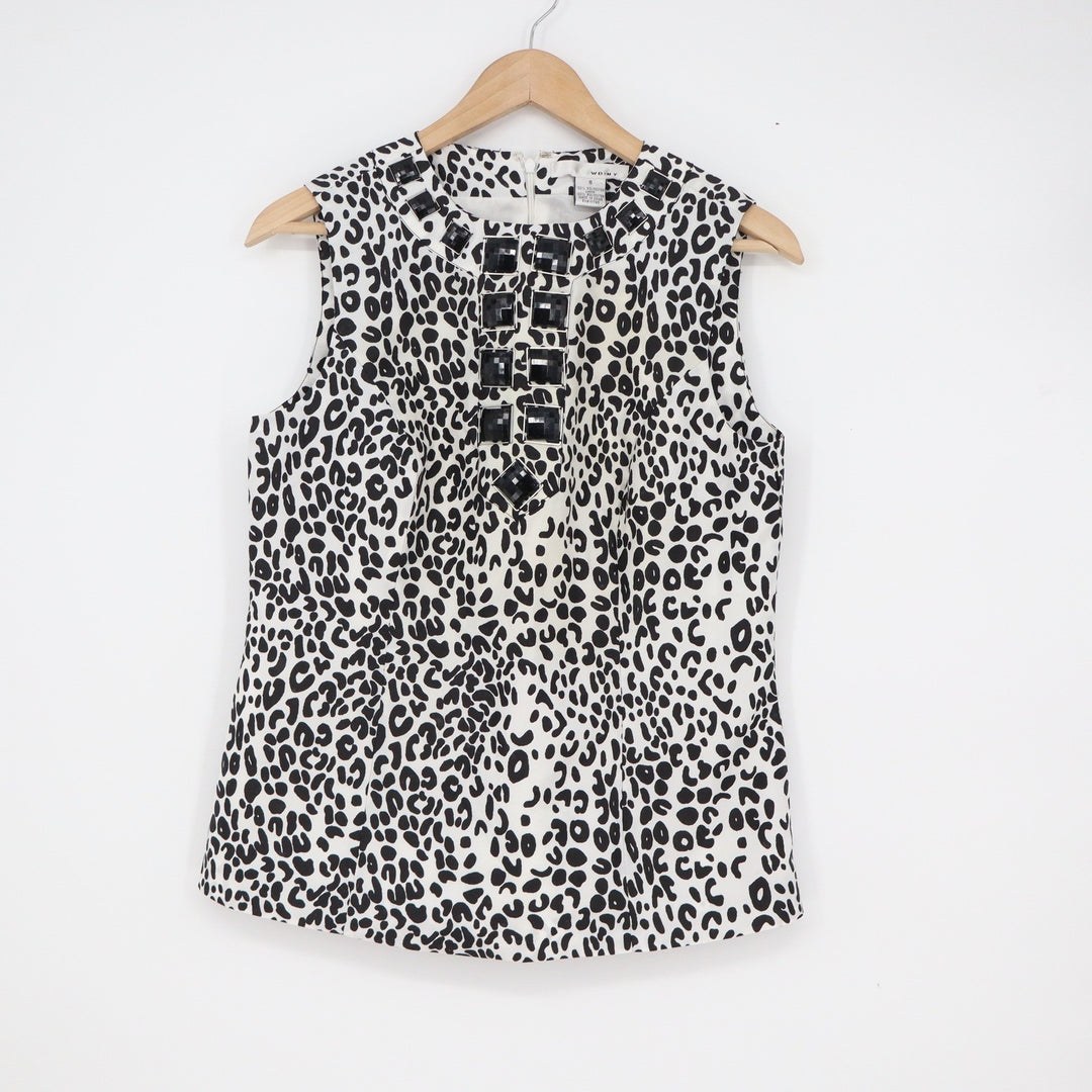 WD-NY Womens Leopard Print Sleeveless Jeweled Neckline Blouse Black White Size 8