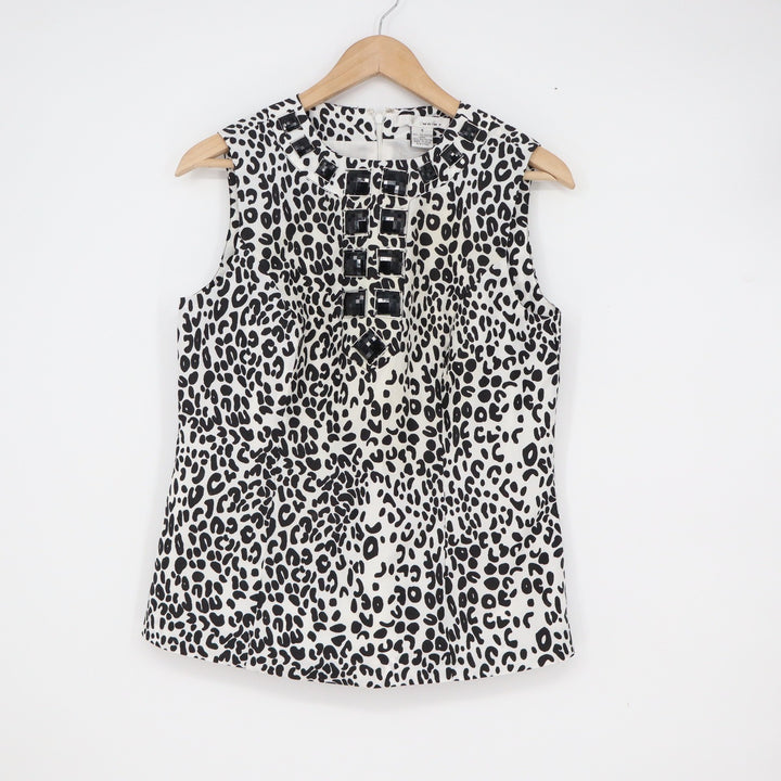 WD-NY Womens Leopard Print Sleeveless Jeweled Neckline Blouse Black White Size 8