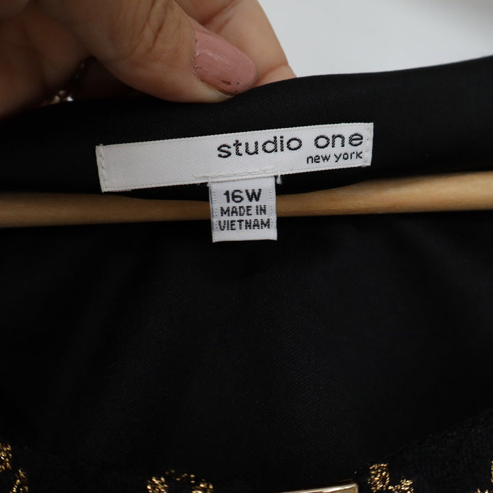 Studio One New York Black Gold Metallic Chevron Belted Dress Plus Size 16W