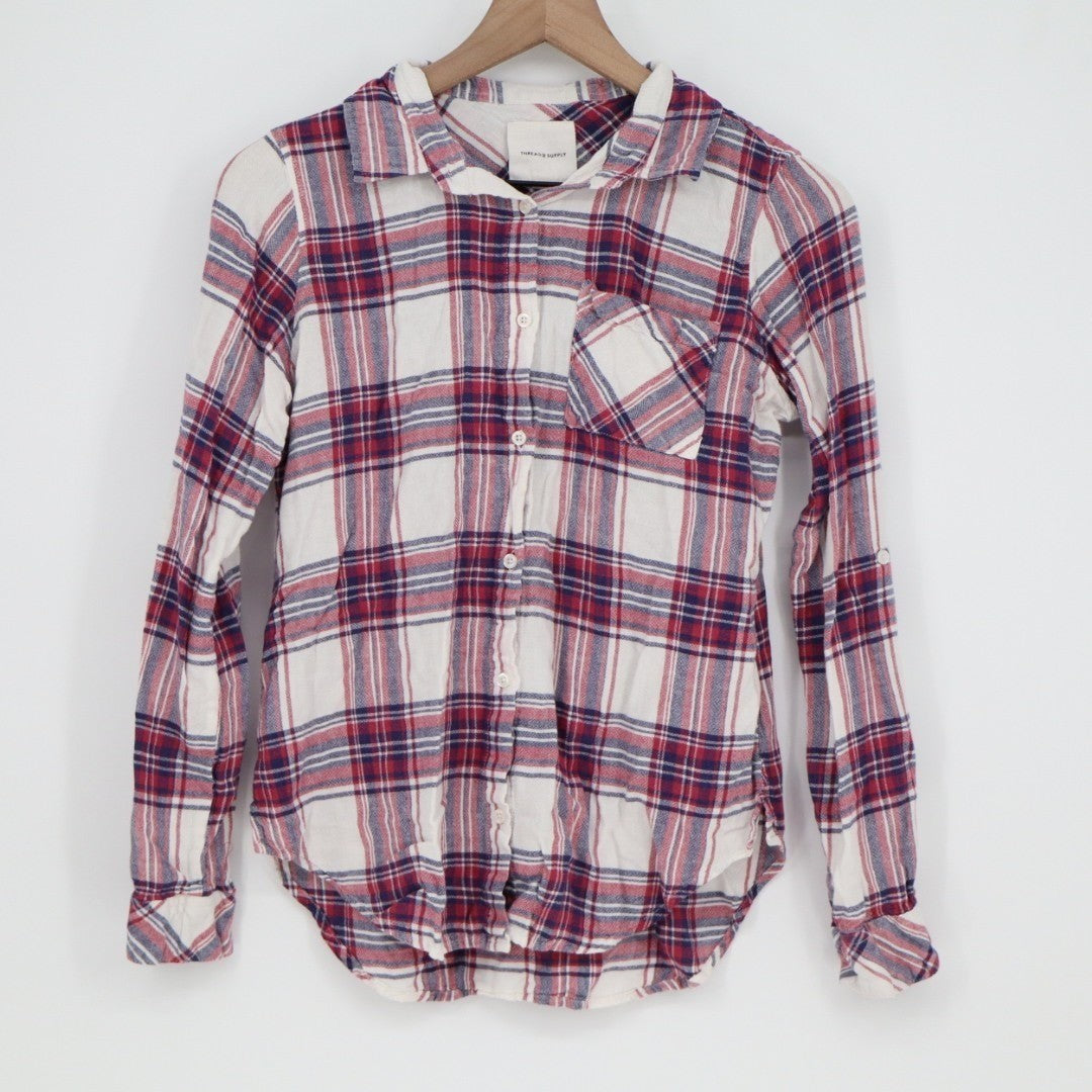Thread & Supply Flannel Shirt Women Medium Red Blue Plaid Front Pocket Button Up