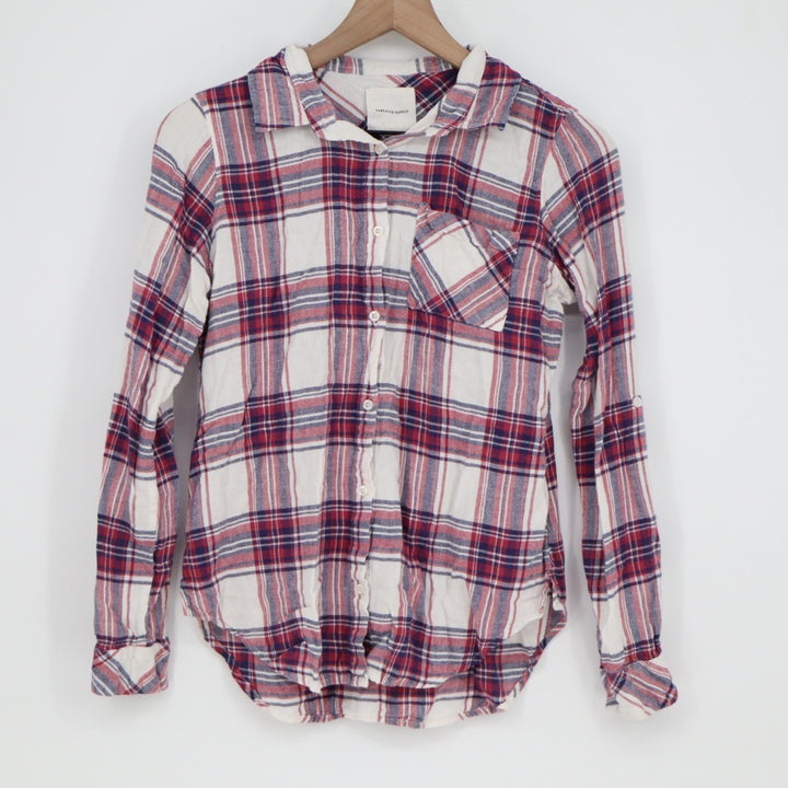 Thread & Supply Flannel Shirt Women Medium Red Blue Plaid Front Pocket Button Up