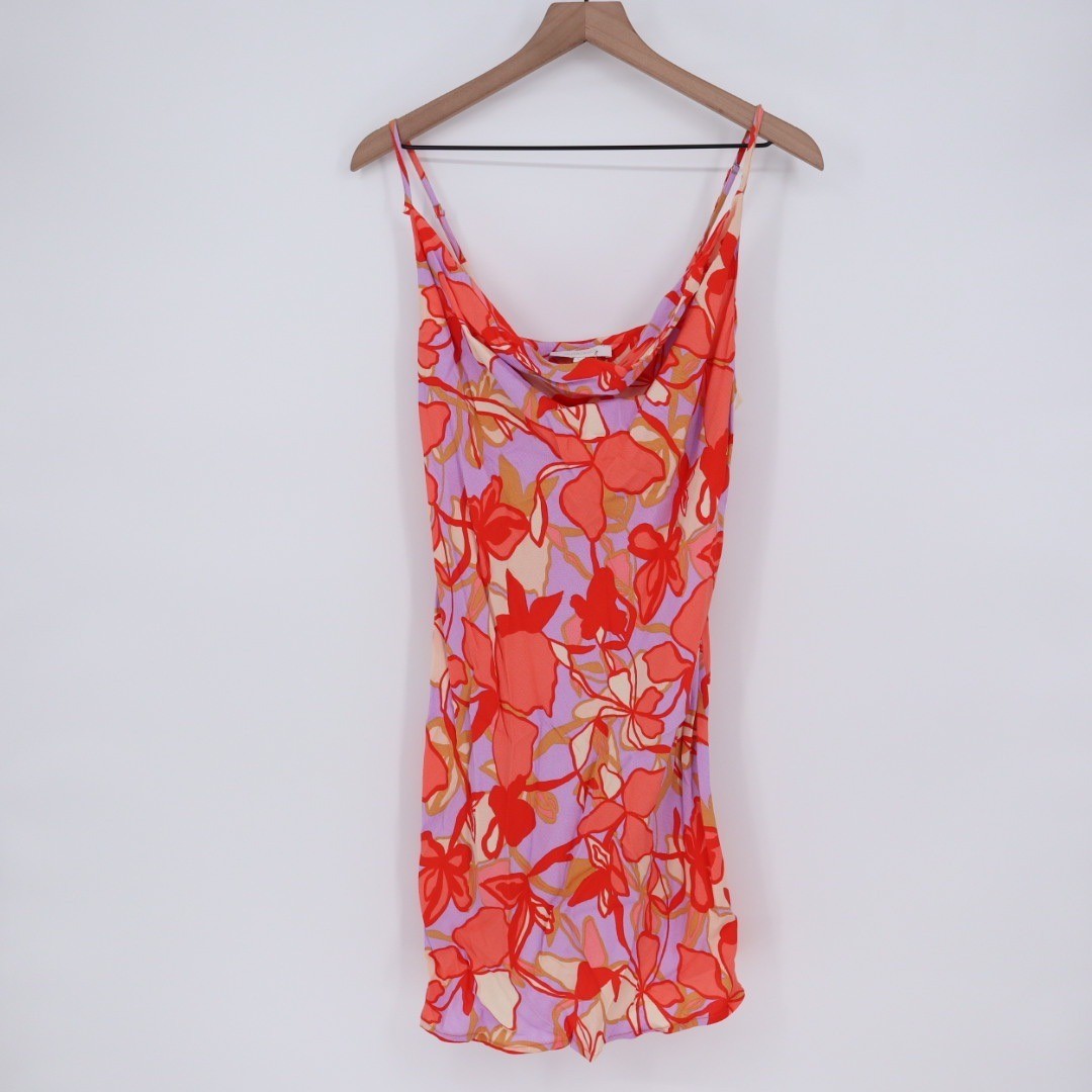 Olivaceous Floral Print Cowl Neck Slip Mini Dress Orange Purple Women's Size L