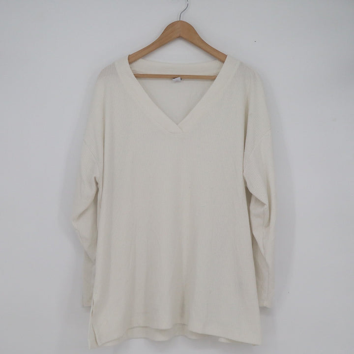 Old Navy Plush Tee Womens XL Cream Ribbed V-Neck Long Sleeve Oversized Top