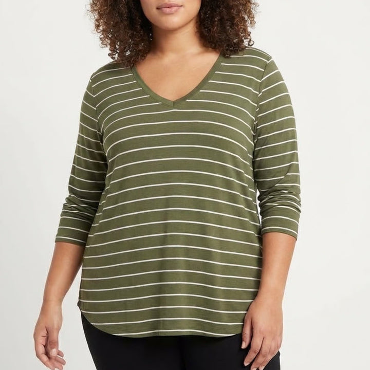 Old Navy Luxe T-Shirt Womens XL Green Striped Stretch High Low Hem Long Sleeve