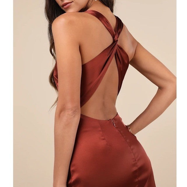Lulus Purely Elegant Maxi Dress Womens Medium Rust Brown Satin Twist-Back Lined