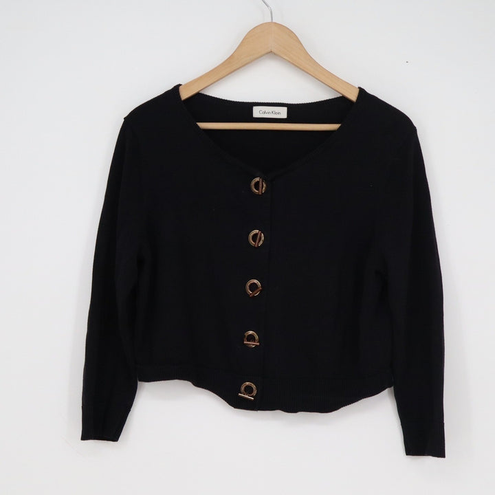 Calvin Klein Womens Black Cropped Toggle Front V-Neck Cardigan Sweater Logo