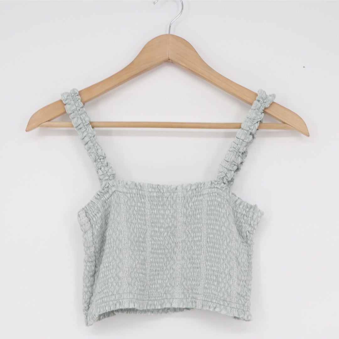 Paper Crane Womens Sage Green Smocked Ruffle Strap Crop Top Small
