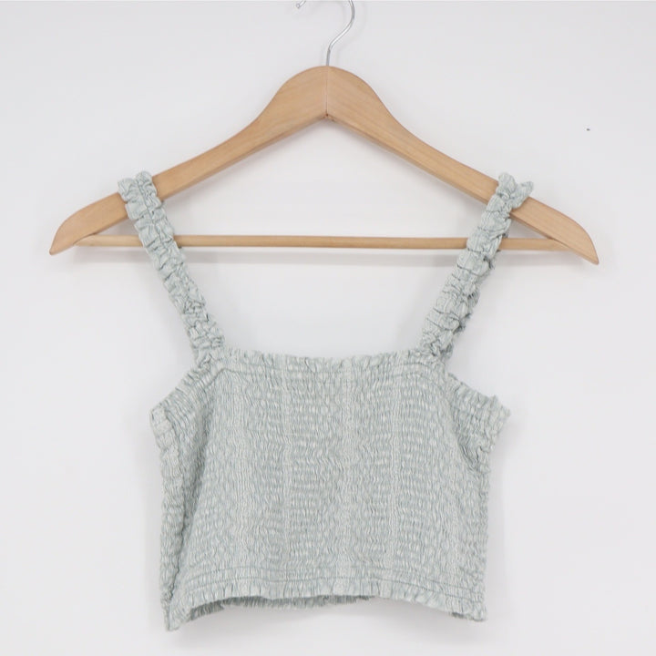Paper Crane Womens Sage Green Smocked Ruffle Strap Crop Top Small