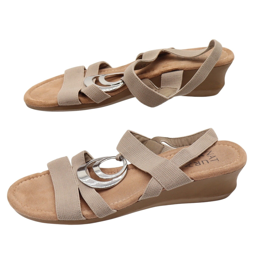Naturalizer Sandals Womens 8.5M Galaxy Taupe Wedge Silver Ring Elastic Excellent