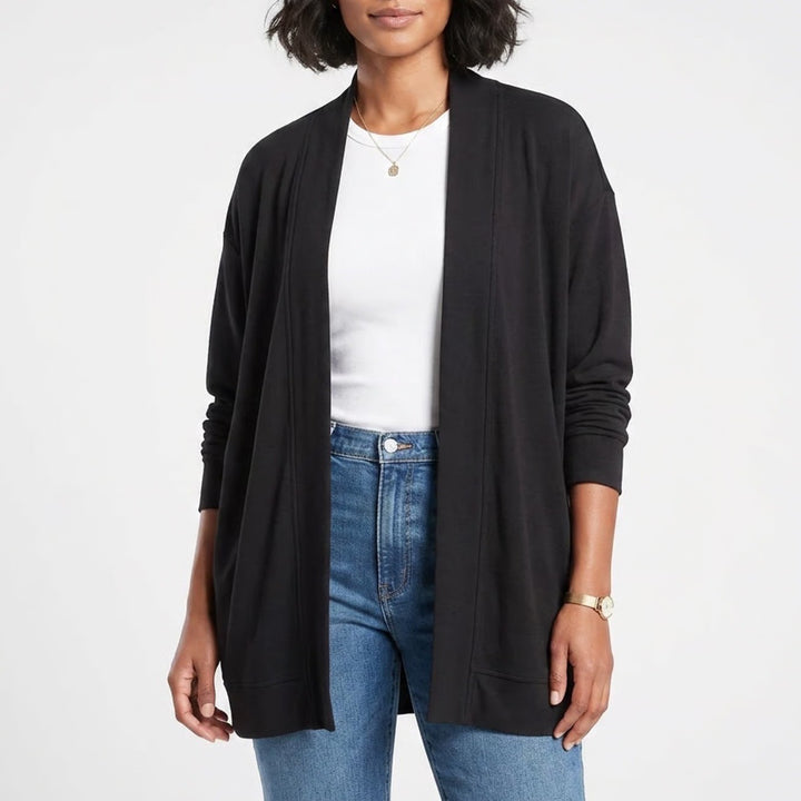 Athleta Womens Black Open Front Shawl Collar Fleece Cardigan L/XL