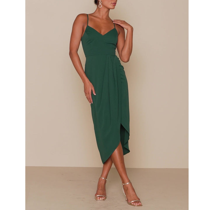 Lulus Reinette Midi Dress Womens Small Dark Green Lined Pleated Spaghetti Straps