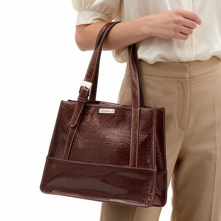 Liz Claiborne Tote Bag Women's Large Croc Embossed Brown Patent Faux Leather
