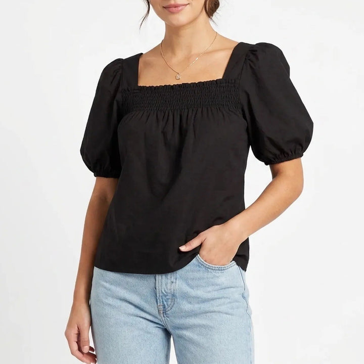 Fashion Blouse Top Womens XL Black Pleated Smocked Square Neck Balloon Sleeve