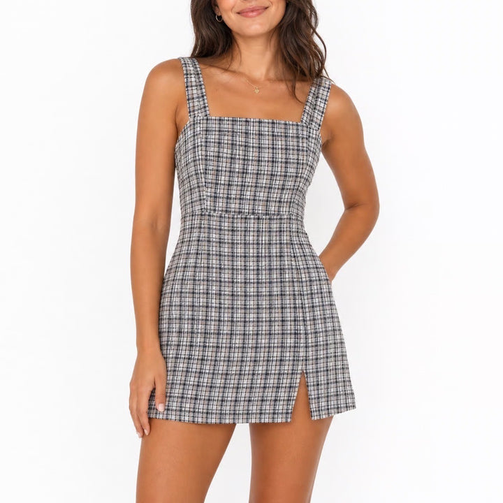 Abercrombie & Fitch Plaid Tweed Mini Dress Navy Tan Square Neck Slit Size L