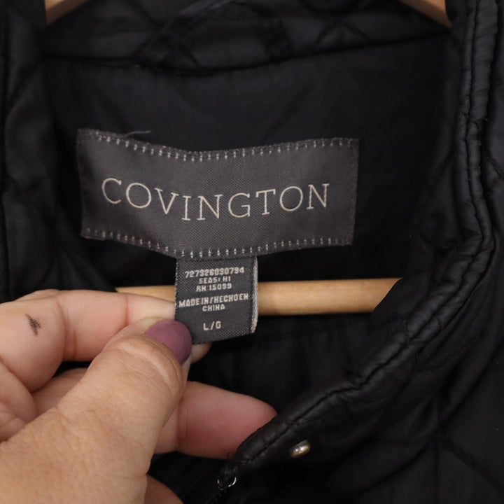 Covington Womens Black Quilted Longline Parka Jacket Snap Front Mock Neck Size L