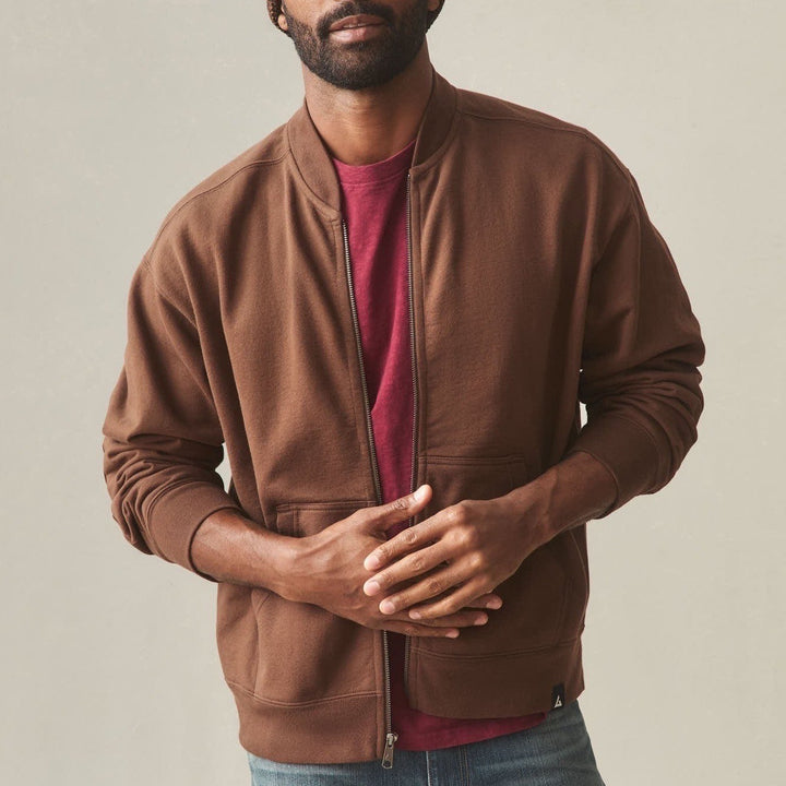 American Giant Bomber Jacket Mens Small Brown Logo Fleece Lined Cotton Full Zip