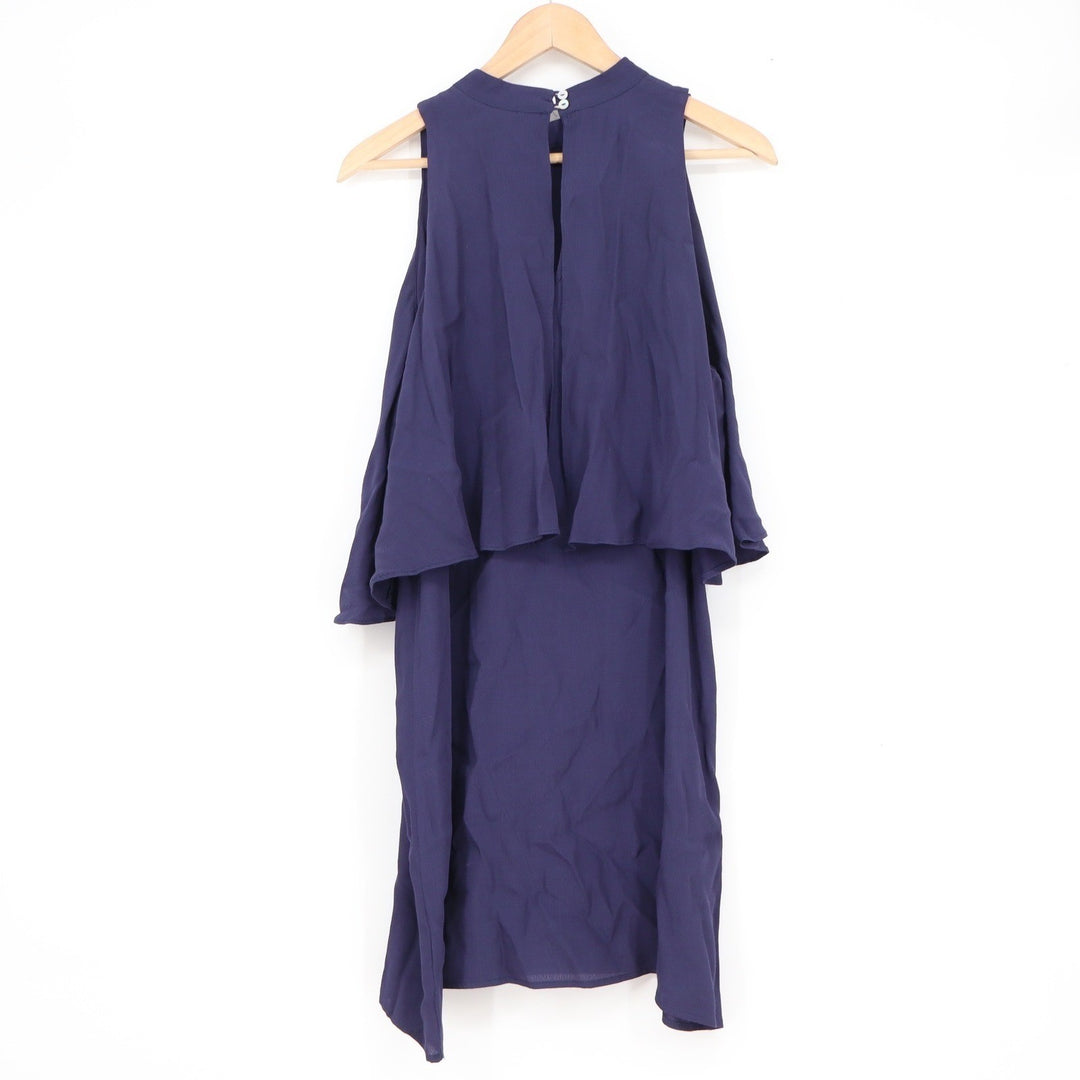 Pink Owl Navy Purple Cold Shoulder Ruffle Mock Neck Shift Dress Large
