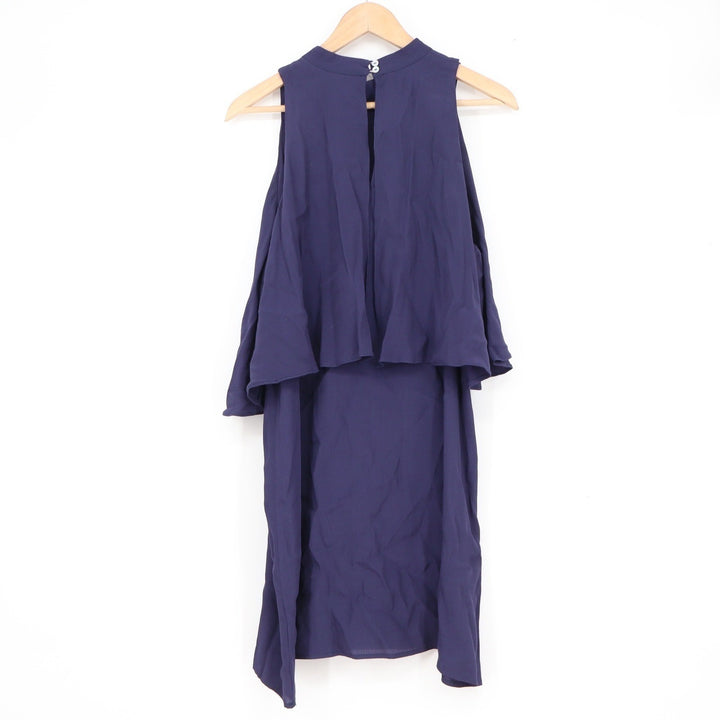 Pink Owl Navy Purple Cold Shoulder Ruffle Mock Neck Shift Dress Large
