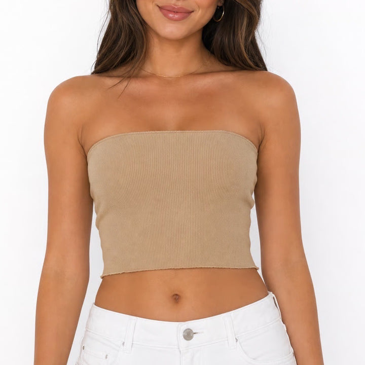 Tan Textured Diamond Pattern Tube Top Strapless Stretch Crop Top Medium Beige