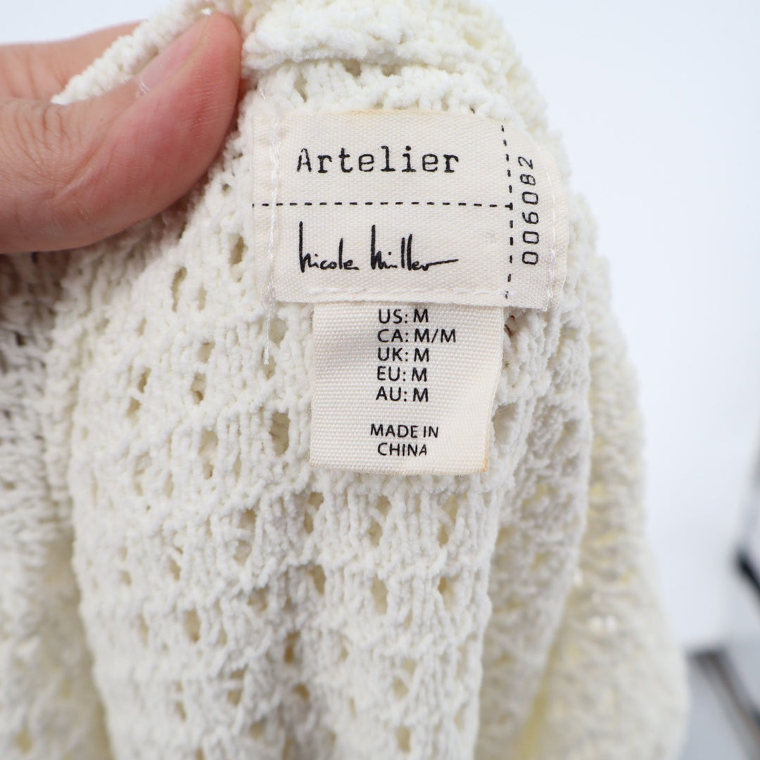 Nicole Miller Artelier Sweater Womens Medium Ivory Open Knit Hooded Long Sleeve
