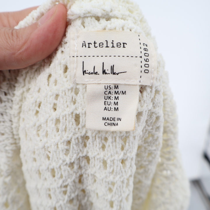 Nicole Miller Artelier Sweater Womens Medium Ivory Open Knit Hooded Long Sleeve