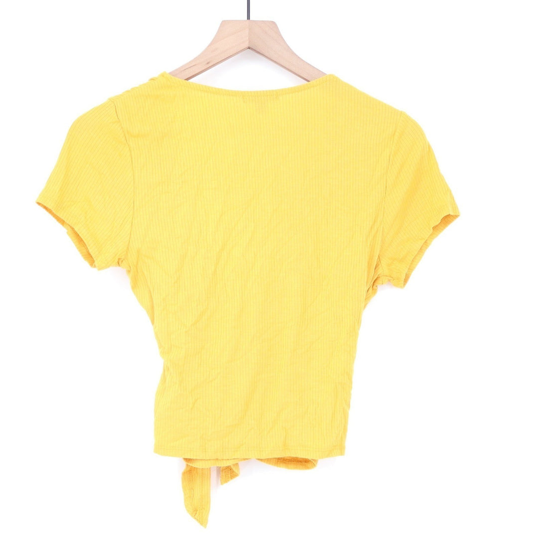 Wild Fable Yellow Ribbed Wrap Front Tie Side Short Sleeve Top Size M