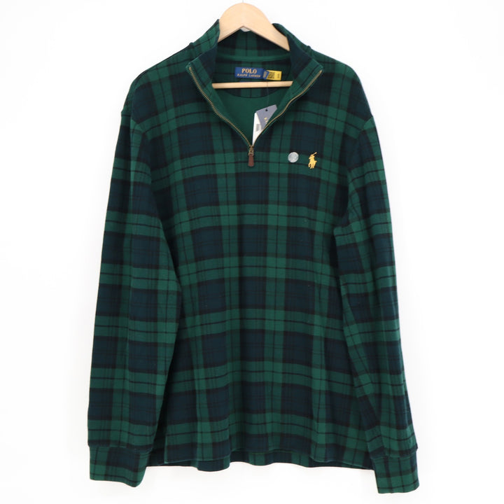 Polo Ralph Lauren Mens Green Black Watch Plaid Quarter Zip Cotton Pullover L NEW