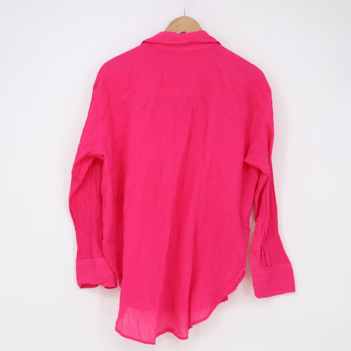 H&M Button-Down Womens S Relaxed Crinkle Hot Pink Cotton Long Sleeve Excellent