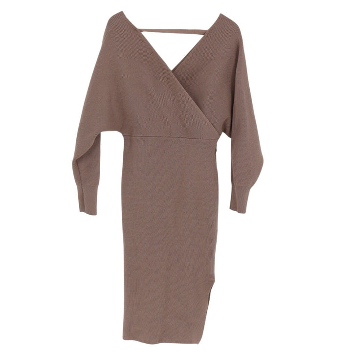 CHERFLY Brown Knit Wrap Midi Dress Batwing Sleeve V Neck Size M