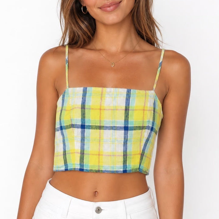 Forever 21 Yellow Plaid Crop Top Medium Smocked Back Adjustable Straps Summer