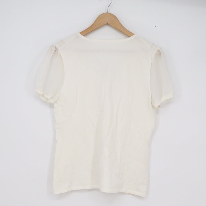 Cream Ruffle V-Neck Knit Top Sheer Puff Short Sleeve Blouse Size M/L