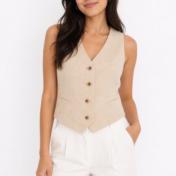 Old Navy Womens Beige Linen Blend Tailored V-Neck Button Front Vest Size M
