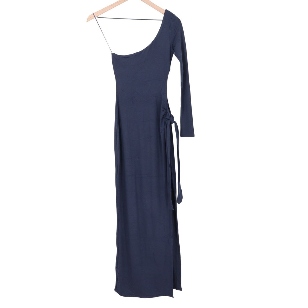 Naked Wardrobe Navy Blue One Shoulder Maxi Dress Small Side Slit Knot