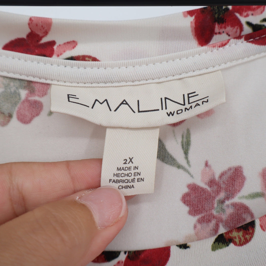 Emaline Top Womens 2X Woman Floral Cream Red Cap Sleeve Knit Blouse Excellent