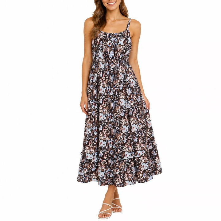 Grace Karin Midi Dress Women's L Black Blue Floral Smocked New