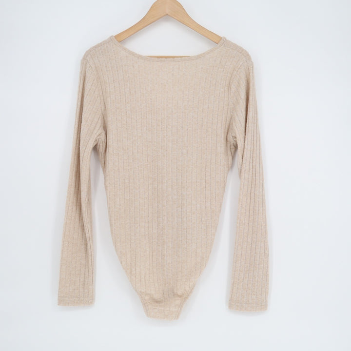 Shein Bodysuit Womens Large Beige Stretch Rib Knit Long Sleeve V-Neck One Piece